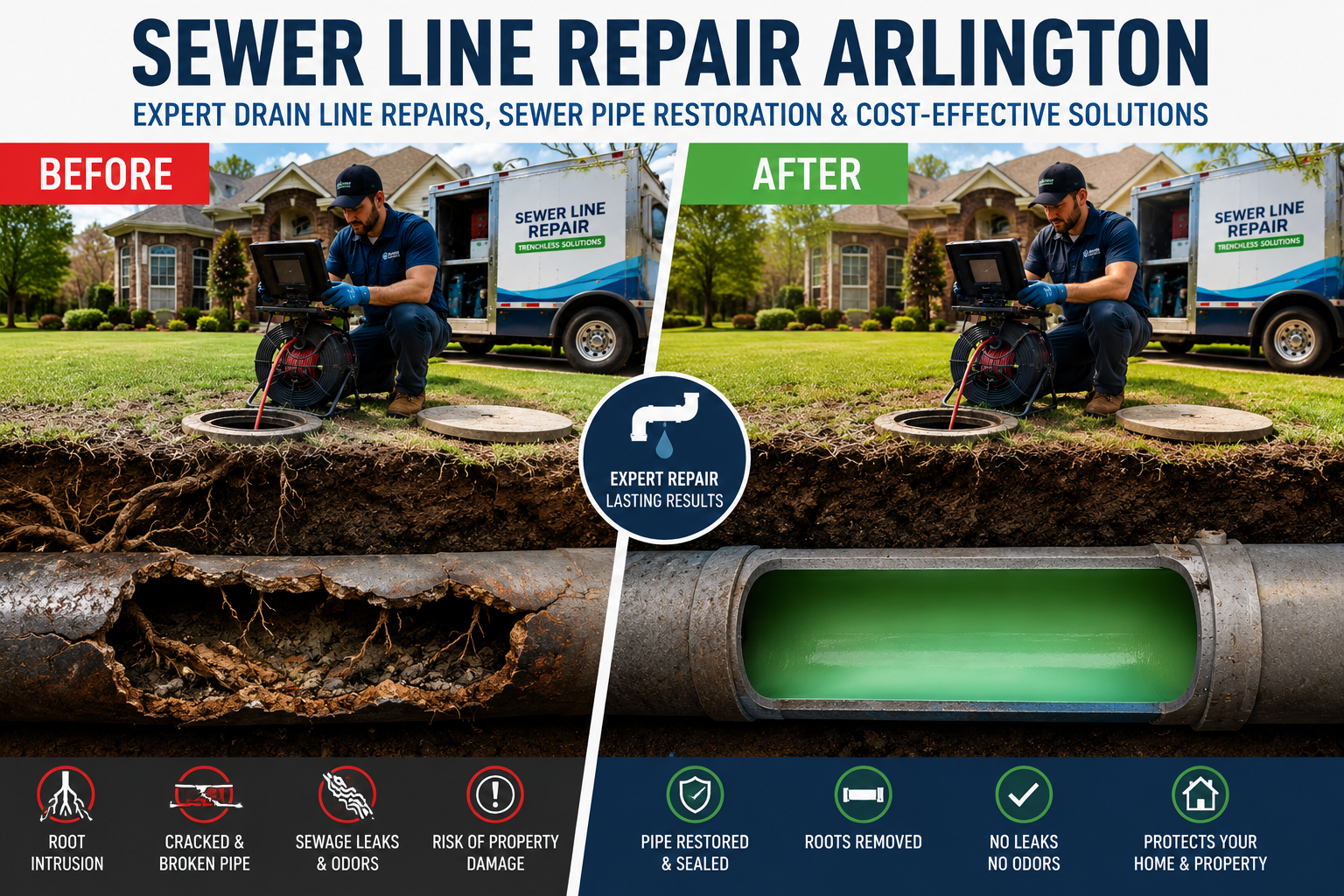 Sewer Line Repair Arlington Before and After - J Rowe Plumbing sewer line repair arlington before and after j rowe plumbing